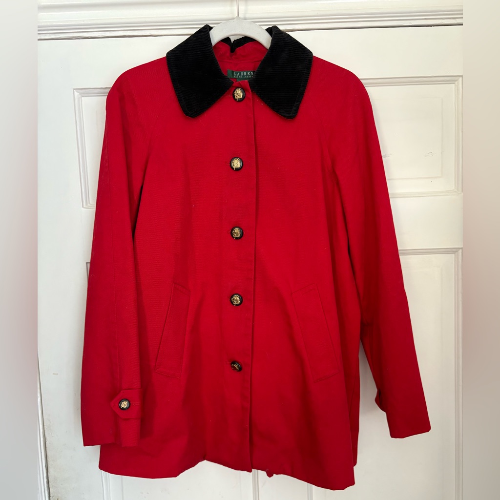Vintage Ralph Lauren Red Trench Coat With Black Corduroy Collar Size Small